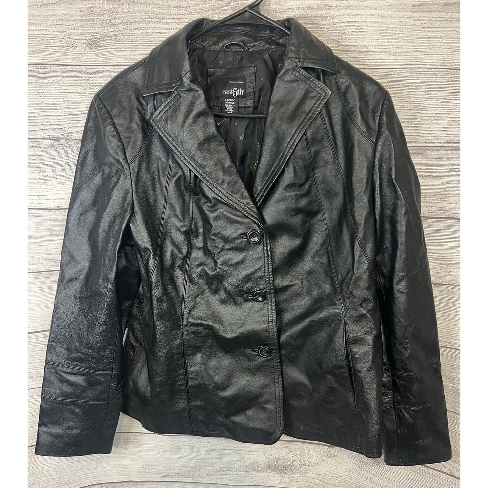 Vintage East 5th Black Leather Jacket Women's Large Button Front‎
